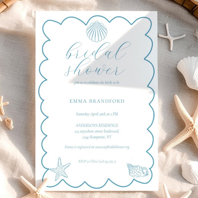 Convite Chá de Bebê à Beira-Mar Azul e Branco Bridal Showe (Coastal Doodle Blue White Bridal Shower Invitation)