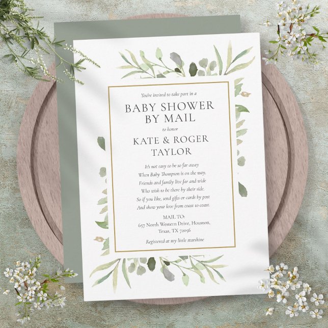 Convite Chá de Bebê à Distância com Verduras (Baby Shower By Mail Long Distance Greenery Invitation)