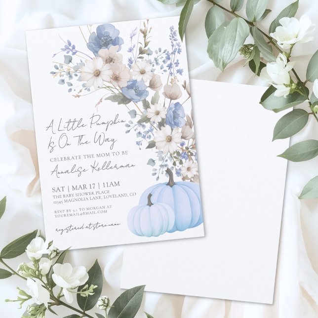 Convite Chá de Bebê Abóbora Azul Flor Silvestre (Wildflower Blue Pumpkin Baby Shower Invitation)