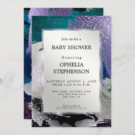 Convite Chá de Bebê | Abstrato de Rã Roxo de Prata Metálic