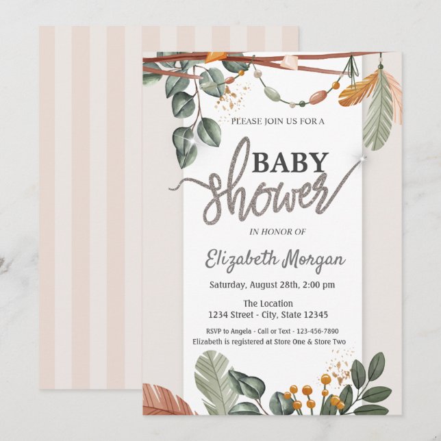 Convite Chá de Bebê Adorável Boho (Frente/Verso)