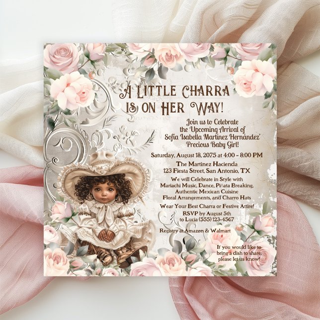 Convite Chá de Bebê Adorável Charra (Adorable Charra baby shower invitations with pretty pink roses.)