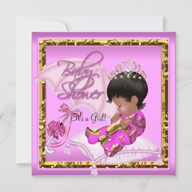 Convite Chá de Bebê Afro-Americano Fofo Rosa Dourado (Frente)