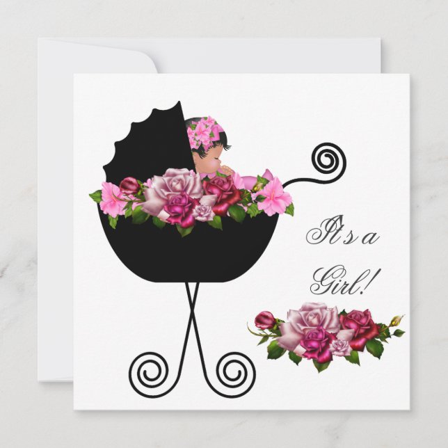 Convite Chá de Bebê Afro-Americano Menina Rosa Rosas (Frente)