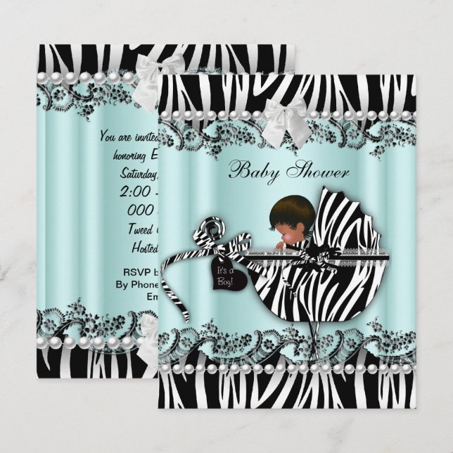 Convite Chá de Bebê Afro-Americano Menino ou Menina Zebra (Frente/Verso)