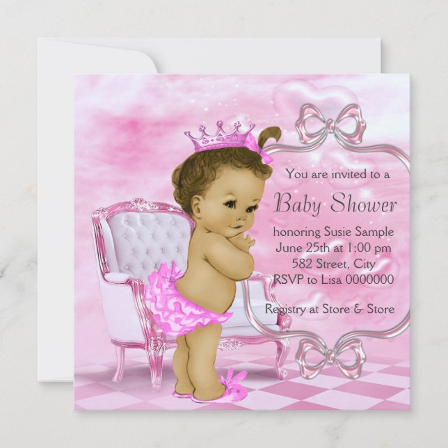 Convite Chá de Bebê Afro-Americano Rosa Elegante (Frente)