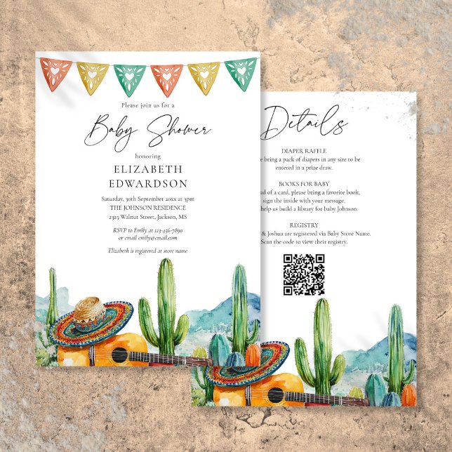 Convite Chá de Bebê Água-Forte Fiesta Mexicana Tudo Em Um (Mexican Fiesta Watercolor All In One Baby Shower Invitation)
