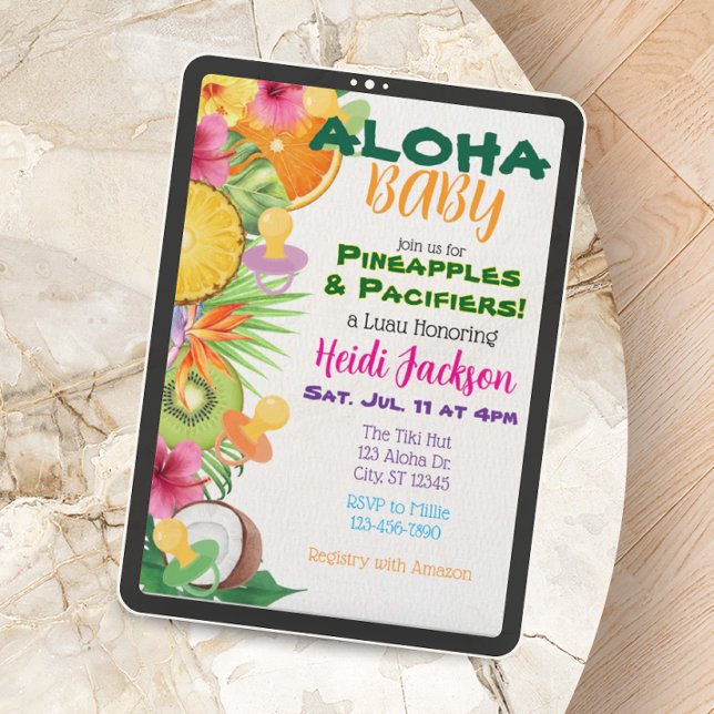 Convite Chá de Bebê Aloha Baby, Abacaxis e Chupetas (Criador carregado)