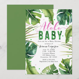 Convite Chá de bebê ALOHA BABY Folhas Tropicais Rosa e Ver