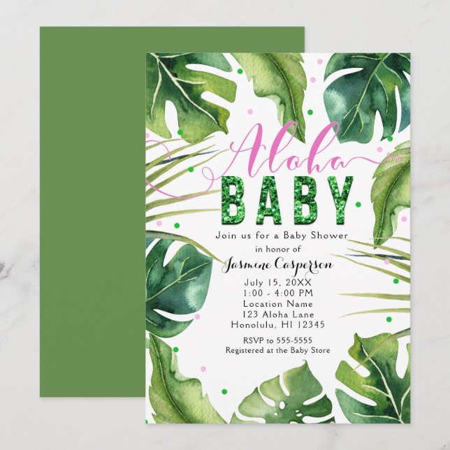 Convite Chá de Bebê ALOHA Folhas Tropicais Rosa & Verde (Frente/Verso)
