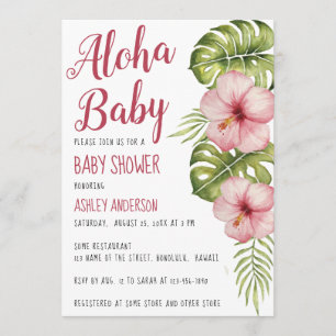 Convite Chá de Bebê Aloha Tropical Floral Aquarela Rosa
