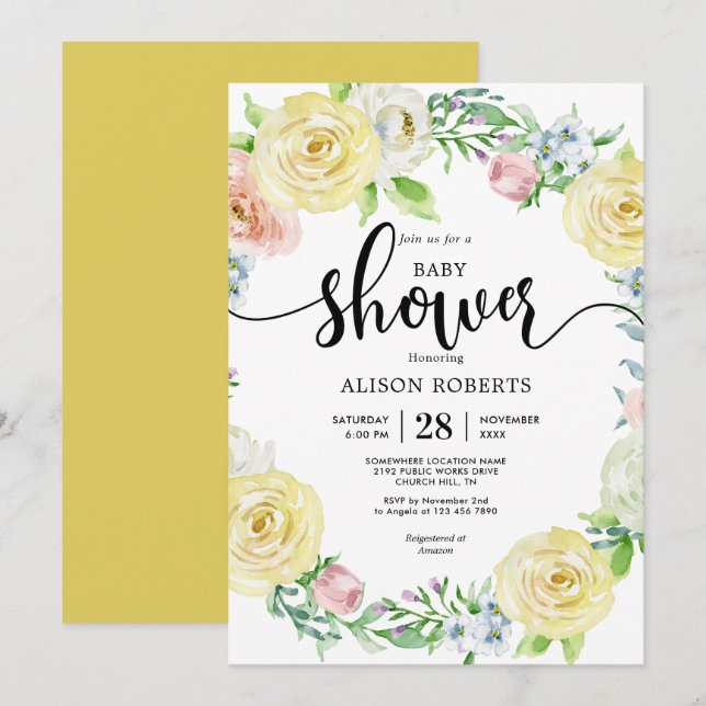 Convite Chá de bebê amarelo pastel aquarela casamento (Frente/Verso)