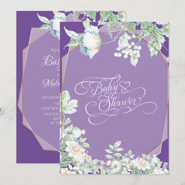 Convite Chá de Bebê |  Amethyst Violet Flores Silvestres F (Frente/Verso)