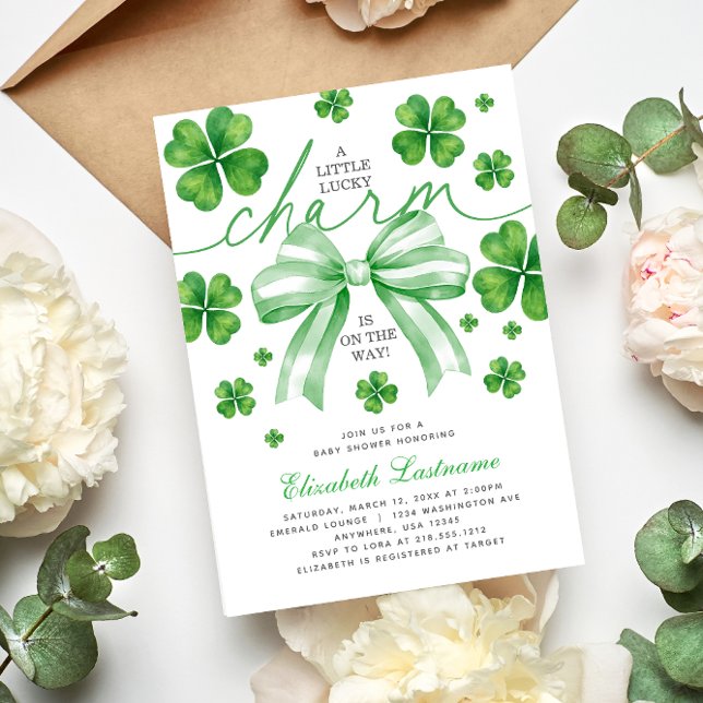 Convite Chá de Bebê Amuleco de Arco Verde (Green Bow Lucky Charm Baby Shower Invitation
#luckycharmbabyshower
#stpatricksdaybabyshower)