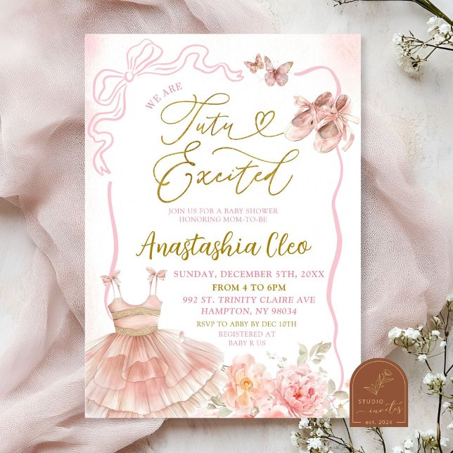Convite Chá de Bebê Animado Tutu de Bailarina Floral Rosa (Criador carregado)