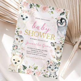 Convite Chá de Bebê Animais Árticos de Inverno Rosa