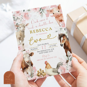 Convite Chá de Bebê Animais da Fazenda Rosa Bege
