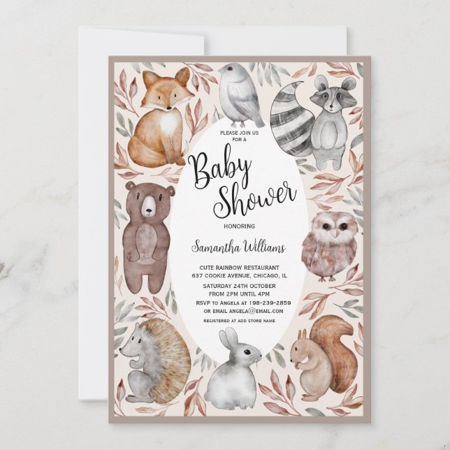 Convite Chá de Bebê Animais da Floresta em Aquarela (Frente)