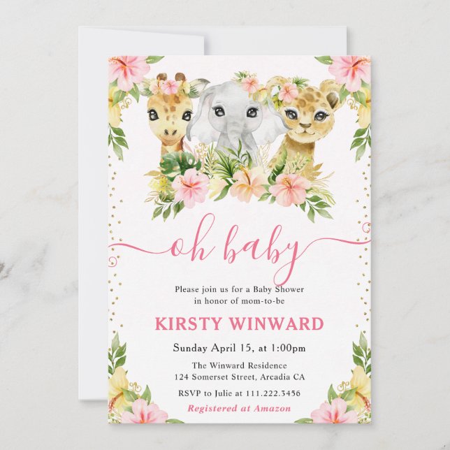 Convite Chá de Bebê Animais da Selva Floral Fofo Aquarela (Frente)