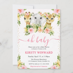 Convite Chá de Bebê Animais da Selva Floral Fofo Aquarela