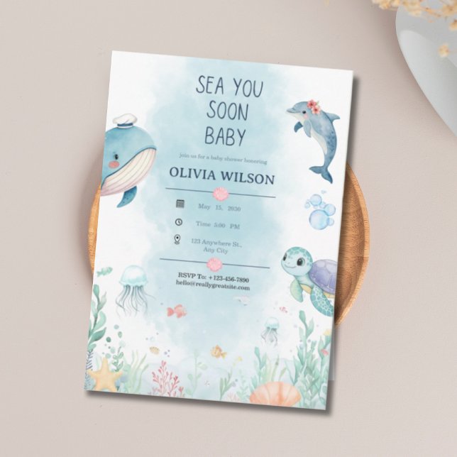Convite Chá de Bebê Animais Marinhos Aquarela (Criador carregado)