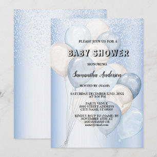 Convite Chá de Bebê Aquarela Balões Azuis e Brancos Festa