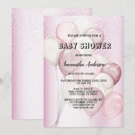 Convite Chá de Bebê Aquarela Balões Rosa Branco Festa