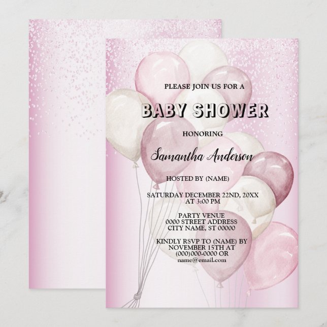 Convite Chá de Bebê Aquarela Balões Rosa Branco Festa (Frente/Verso)