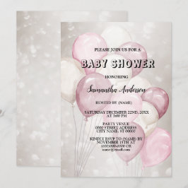 Convite Chá de Bebê Aquarela Balões Rosa Branco Festa
