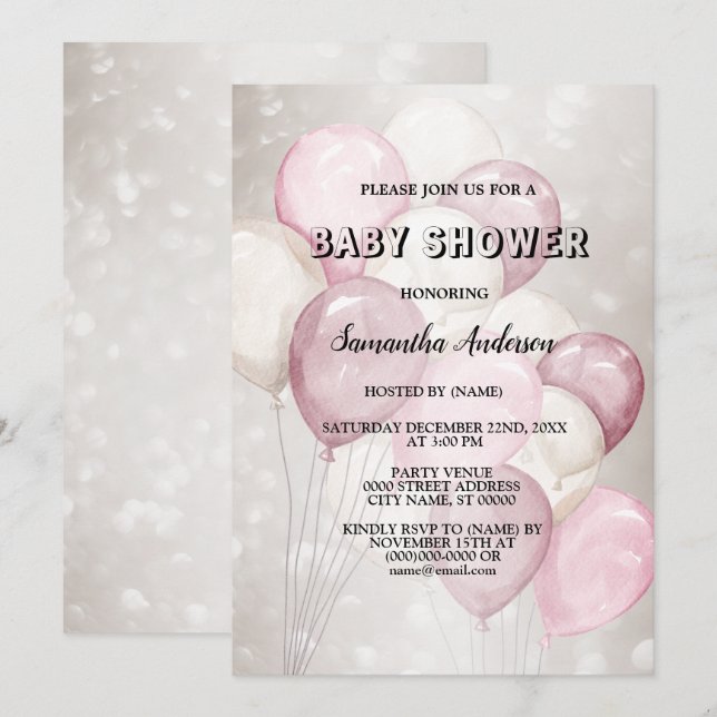 Convite Chá de Bebê Aquarela Balões Rosa Branco Festa (Frente/Verso)