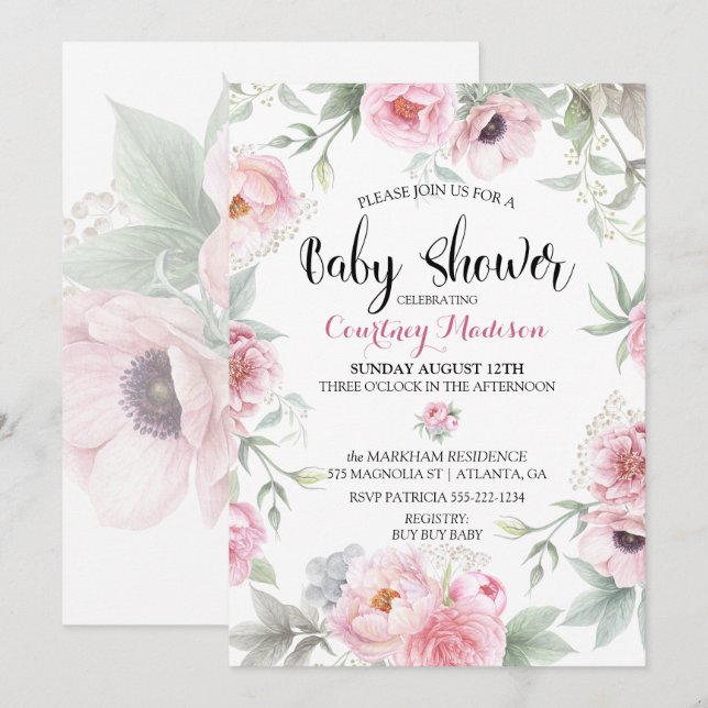 Convite Chá de Bebê Aquarela Rosas Flores Rosa (Frente/Verso)