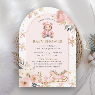 Convite Chá de Bebê Arco de Urso Teddy Floral Rosa de Inve