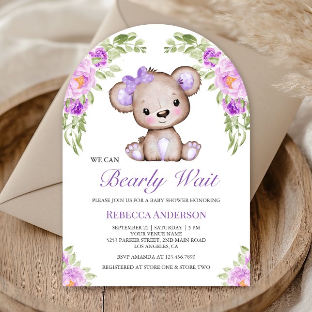 Convite Chá de Bebê Arco de Urso Teddy Floral Roxo (Criador carregado)