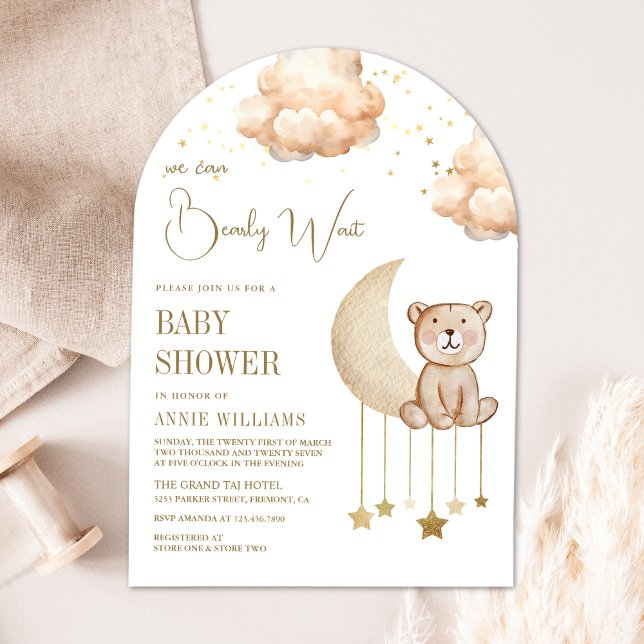 Convite Chá de Bebê Arco de Urso Teddy Lua Neutro Boho (Criador carregado)