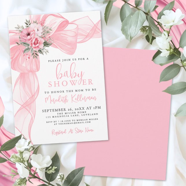 Convite Chá de Bebê Arco-íris Elegante Rosa (Elegant Pink Bow Baby Shower Invitation)