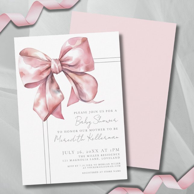 Convite Chá de Bebê Arco-íris Elegante Rosa (Elegant Pink Bow Baby Shower Invitation)