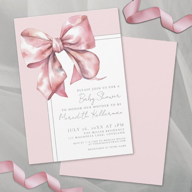 Convite Chá de Bebê Arco-íris Elegante Rosa (Elegant Pink Bow Baby Shower Invitation)