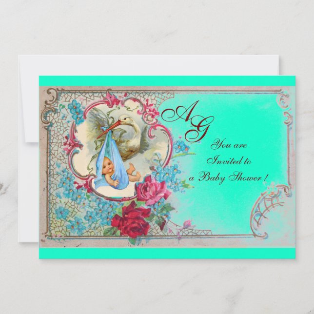 CONVITE CHÁ DE BEBÊ ARMAZENADO COM ROSAS E FLORES AZUIS (Frente)