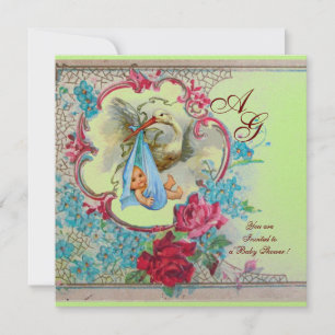 CONVITE CHÁ DE BEBÊ ARMAZENADO COM ROSAS E FLORES AZUIS