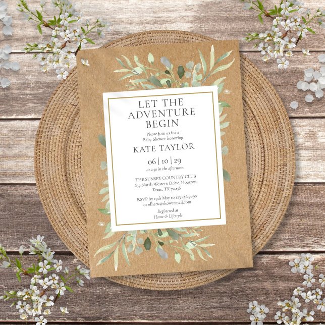 Convite Chá de Bebê Aventura Rústico com Folhagens (Adventure Rustic Baby Shower Greenery Invitation)