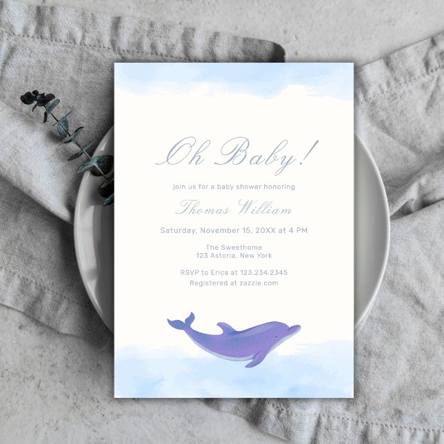 Convite Chá de Bebê Azul Bebê Praia Oceano Golfinho (Blue Oh Baby Beach Ocean Dolphin Baby Shower Invitation)