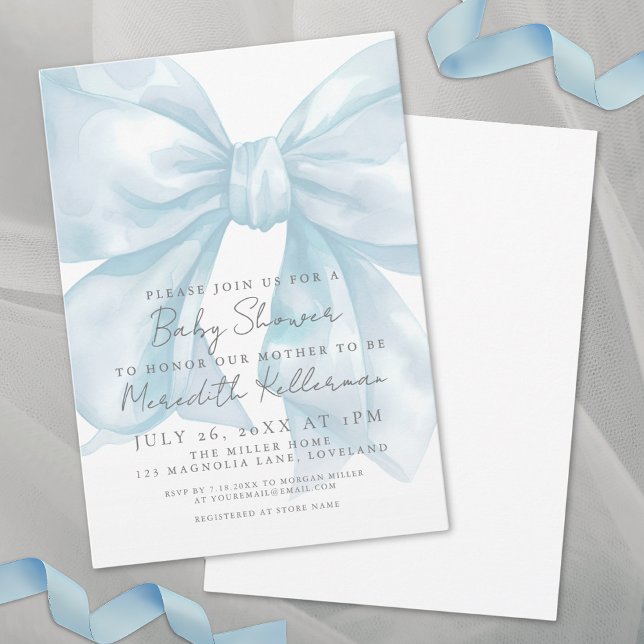 Convite Chá de Bebê Azul Coquette Laço (Coquette Blue Bow Baby Shower Invitation)