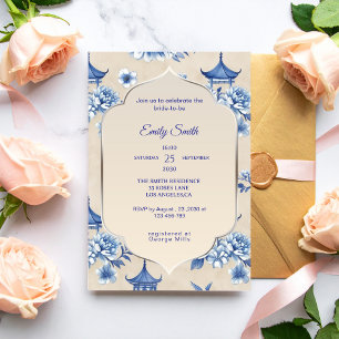 Convite Chá de Bebê Azul Creme Elegante em Chinoiserie