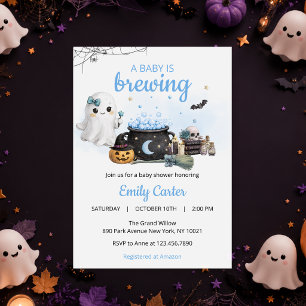 Convite Chá de Bebê Azul de Halloween Baby Is Brewing