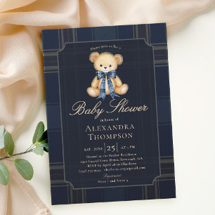 Convite Chá de Bebê Azul do Urso de Pelúcia Xadrez Elegant