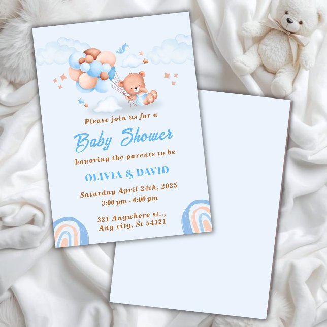 Convite Chá de Bebê Azul e Marrom com Ursinho de Pelúcia e (Criador carregado)