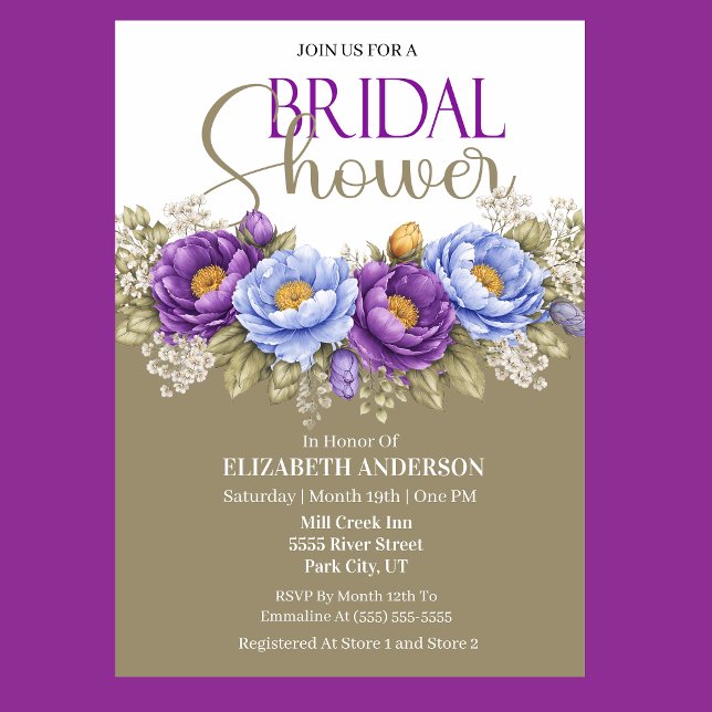 Convite Chá de Bebê Azul e Roxo de Peônia (Elegant blue and purple peony floral bridal shower invitation)