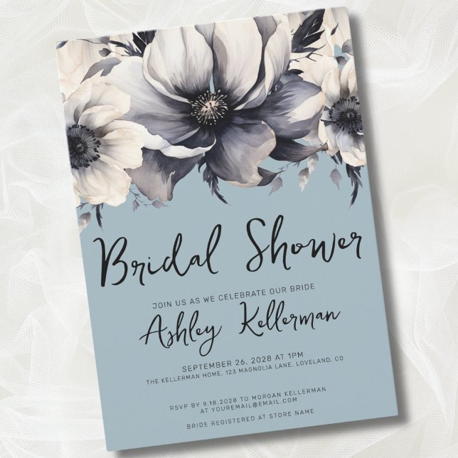 Convite Chá de Bebê Azul Empoeirado (Elegant Watercolor Floral Light Blue Bridal Shower Invitation)