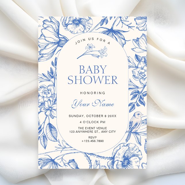 Convite Chá de bebê azul floral artístico clássico (Criador carregado)