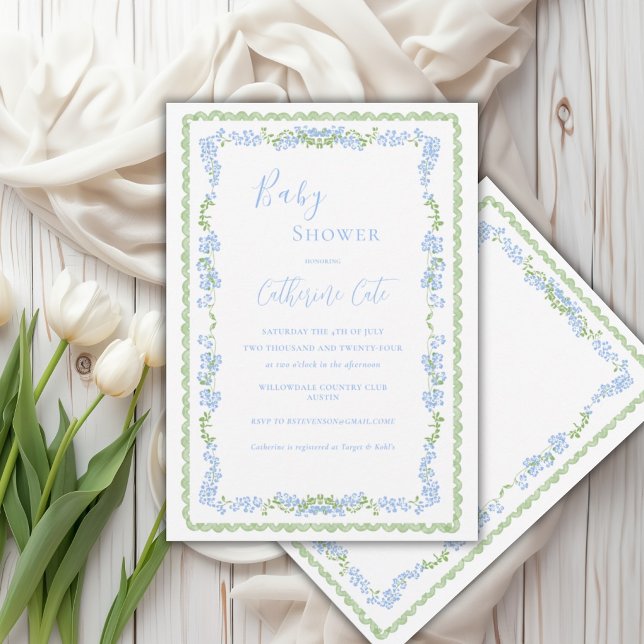 Convite Chá de Bebê Azul Floral Caprichoso  (Criador carregado)
